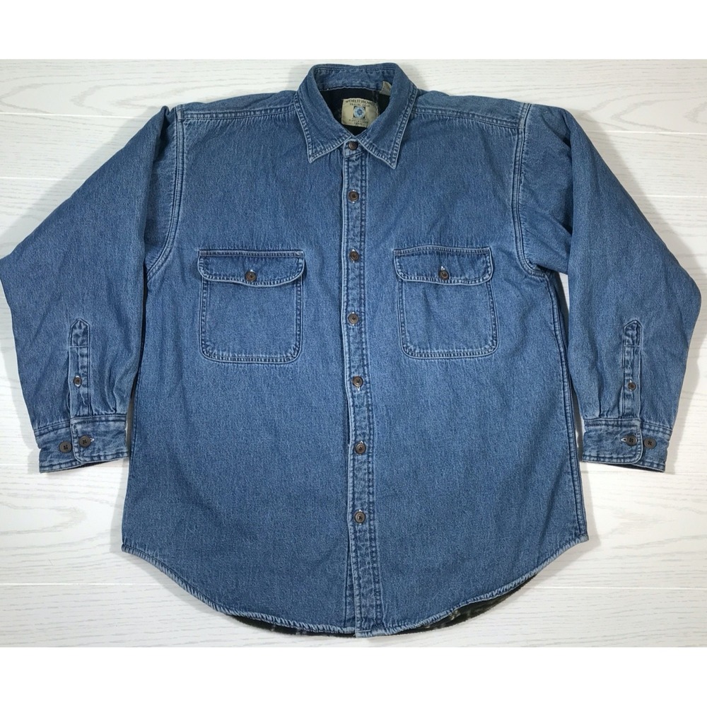 Vintage Denim Shacket Shirt Men Large World Island Fleece Lined Jacket 80s 90s